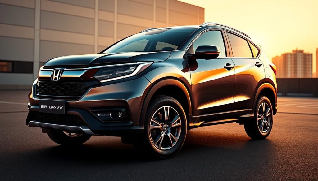 A modern and sleek Honda BR-V facelift design, showcasing a bold and dynamic exterior. In the foreground, the SUV's striking front fascia features a prominent grille, slim LED headlights, and a sculpted bumper, conveying a sense of power and sophistication. The side profile highlights the vehicle's muscular proportions, with dynamic character lines and stylish alloy wheels. In the background, a minimalist urban landscape provides a contemporary setting, emphasizing the BR-V's ability to navigate both city streets and suburban environments. The lighting is warm and directional, creating depth and highlighting the vehicle's elegant curves. Captured by the hkmobilindo.id team, this image reflects the BR-V's versatile and family-friendly design. A modern and sleek Honda BR-V facelift design, showcasing a bold and dynamic exterior. In the foreground, the SUV's striking front fascia features a prominent grille, slim LED headlights, and a sculpted bumper, conveying a sense of power and sophistication. The side profile highlights the vehicle's muscular proportions, with dynamic character lines and stylish alloy wheels. In the background, a minimalist urban landscape provides a contemporary setting, emphasizing the BR-V's ability to navigate both city streets and suburban environments. The lighting is warm and directional, creating depth and highlighting the vehicle's elegant curves. Captured by the hkmobilindo.id team, this image reflects the BR-V's versatile and family-friendly design.