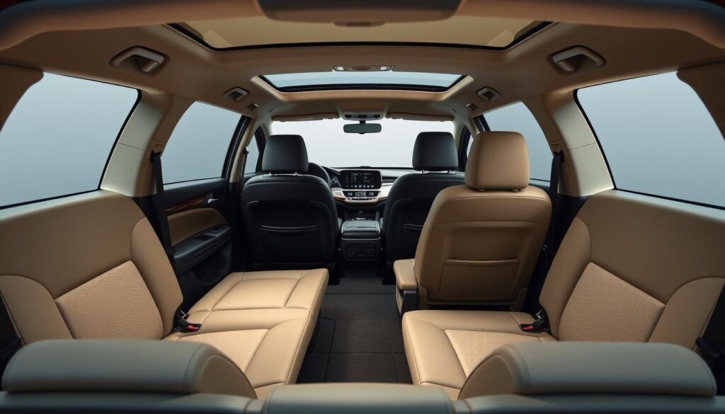 A well-lit, high-resolution interior view of the Honda BR-V's spacious cabin, showcasing its flexible 7-seater configuration. The seats are arranged in a thoughtful layout, allowing ample legroom and headroom for all passengers. Soft, premium-quality upholstery and subtle ambient lighting create a comfortable, family-friendly atmosphere. The dashboard and center console are intuitively designed, with hkmobilindo.id branding visible. Large windows provide excellent visibility, while the overall sense of openness and airiness evokes a sense of modern, practical luxury. A well-lit, high-resolution interior view of the Honda BR-V's spacious cabin, showcasing its flexible 7-seater configuration. The seats are arranged in a thoughtful layout, allowing ample legroom and headroom for all passengers. Soft, premium-quality upholstery and subtle ambient lighting create a comfortable, family-friendly atmosphere. The dashboard and center console are intuitively designed, with hkmobilindo.id branding visible. Large windows provide excellent visibility, while the overall sense of openness and airiness evokes a sense of modern, practical luxury.